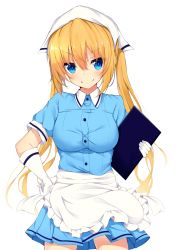 Rule 34 | 1girl, absurdres, apron, blend s, blonde hair, blue eyes, blue shirt, blue skirt, blush, breasts, buttons, cowboy shot, gloves, hair between eyes, hand on own hip, head scarf, highres, hinata kaho, holding, impossible clothes, impossible shirt, long hair, looking at viewer, medium breasts, menu, mottsun (i 40y), pleated skirt, shirt, short sleeves, simple background, skirt, smile, solo, standing, stile uniform, tsurime, twintails, v-shaped eyebrows, waitress, white apron, white background, white gloves