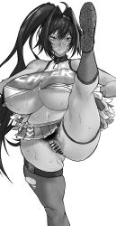 Rule 34 | 1girl, absurdres, ahoge, bar censor, bay (nikke), blush, breasts, censored, cheerleader, closed mouth, clothing aside, collar, crop top, dark-skinned female, dark skin, facial tattoo, fang, female pubic hair, frown, fukamichi ran&#039;ou, goddess of victory: nikke, greyscale, hair intakes, hairband, highres, huge breasts, long hair, mole, mole on stomach, mole under mouth, monochrome, navel, panties, panties aside, pom pom (cheerleading), ponytail, pubic hair, pussy, shoes, single thighhigh, skirt, sneakers, socks, solo, spiked collar, spikes, split, standing, standing on one leg, standing split, star tattoo, sweat, tan, tanline, tattoo, thigh strap, thighhighs, torn clothes, torn thighhighs, underboob, underwear