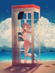 Rule 34 | 1girl, air bubble, aqua eyes, bad id, bad pixiv id, barefoot, beach, bird, blue sky, brown hair, bubble, cloud, cloudy sky, day, facial mark, fish, footprints, from side, highres, holding, holding phone, horizon, hzrn (ymj924), looking at viewer, md5 mismatch, ocean, original, outdoors, phone, phone booth, pink skirt, school uniform, serafuku, short hair, signature, skirt, sky, solo, submerged, swept bangs, underwater, water