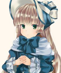 Rule 34 | 1girl, bad id, bad pixiv id, blonde hair, blue dress, blunt bangs, bonnet, bow, bowtie, capelet, dress, frilled sleeves, frills, gosick, gothic lolita, green eyes, hime cut, interlocked fingers, light smile, lolita fashion, long hair, long sleeves, looking at viewer, own hands clasped, own hands together, puffy long sleeves, puffy sleeves, solo, tooda riko, upper body, victorica de blois, white background, wide sleeves