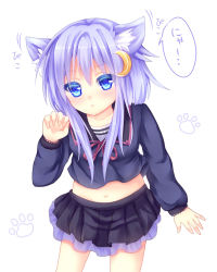 Rule 34 | 10s, 1girl, blue eyes, crescent, crescent hair ornament, hair ornament, kantai collection, kemonomimi mode, long hair, long sleeves, looking at viewer, nagare yoshimi, navel, pleated skirt, purple hair, school uniform, skirt, solo, translation request, white background, yayoi (kancolle)