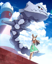 Rule 34 | 1girl, bow, bowtie, brown hair, closed mouth, cloud, commentary request, creatures (company), day, dress, floating hair, from below, game freak, gen 2 pokemon, green dress, hair bobbles, hair ornament, hand up, highres, jacket, jasmine (pokemon), knees, lighthouse, long hair, meiji ken, nintendo, orange bow, orange bowtie, outdoors, pokemon, pokemon (creature), pokemon hgss, sky, stairs, standing, steelix, two side up, white jacket