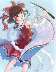 Rule 34 | 1girl, ascot, blue background, blush, bow, brown hair, channel ikihaji, detached sleeves, frills, gohei, gradient background, hair bow, hair tubes, hakurei reimu, highres, holding, looking at viewer, ofuda, petticoat, red bow, red skirt, ribbon-trimmed sleeves, ribbon trim, skirt, skirt set, smile, solo, touhou, wide sleeves