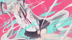 Rule 34 | 1girl, blood, bloody tears, doll, hands on own face, hatsune miku, here mia393, miniskirt, pale skin, school uniform, serafuku, skirt, solo, torn clothes, turn pale, twintails, vocaloid