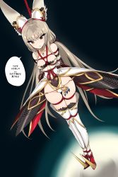 Rule 34 | absurdres, animal ears, bdsm, bondage, bound, breasts, chest jewel, crotch rope, highres, japanese text, kinbakuman, long hair, low twintails, medium breasts, narrow waist, navel, nia (blade) (xenoblade), nia (xenoblade), shibari, skindentation, solo, thighhighs, thighs, translation request, twintails, very long hair, wide hips, xenoblade chronicles (series), xenoblade chronicles 2