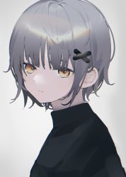 Rule 34 | 1girl, black sweater, blunt bangs, closed mouth, expressionless, from side, grey background, grey hair, hair ornament, highres, looking at viewer, looking to the side, migihidari (puwako), orange eyes, original, simple background, solo, sweater, upper body, x hair ornament