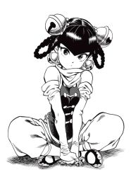 Rule 34 | 1girl, anklet, bare shoulders, bell, bell earrings, black hair, braid, china dress, chinese clothes, closed mouth, detached sleeves, dress, earrings, greyscale, hair bell, hair ornament, indian style, jewelry, lin lin (one-punch man), monochrome, murata yuusuke, official art, one-punch man, pants, scarf, sitting, solo, twin braids
