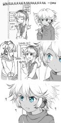 Rule 34 | 3girls, 3koma, ?, blue eyes, blurry, clothes writing, comic, commentary, croire, depth of field, dual persona, english text, fairy, fairy wings, greyscale, hair ornament, headphones, highres, histoire, isaki tanaka, looking at another, monochrome, multiple girls, musical note, neptune (series), revision, short hair, signature, spot color, tagalog, wings