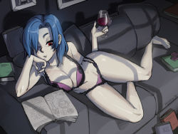 Rule 34 | + +, 1girl, alcohol, barefoot, blue hair, book, bra, breasts, cleavage, couch, cup, drinking glass, eyeshadow, female focus, hair down, hair over one eye, head rest, kinuko (kinucakes), large breasts, long hair, makeup, narrow waist, navel, nose, one-eyed, open book, panties, purple bra, purple panties, reading, reclining, red eyes, scar, signature, skullgirls, solo, toes, underwear, underwear only, valentine (skullgirls), wine, wine glass