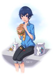 Rule 34 | 1girl, absurdres, atlus, bag, blue eyes, blue hair, burger, cheese, dress shirt, drink, food, food on clothes, french fries, highres, its just suppi, matching hair/eyes, necktie, open mouth, persona, persona 4, sega, shirogane naoto, shirt, short hair, shorts, solo, tomato, truth