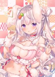 Rule 34 | 1girl, animal ears, artist request, bare shoulders, breasts, choker, cleavage, crop top, detached sleeves, frilled choker, frills, hair ornament, hair ribbon, hands up, highres, indie virtual youtuber, large breasts, long hair, looking at viewer, midriff, naito mare (vtuber), navel, purple eyes, rabbit ears, rabbit tail, red choker, ribbon, second-party source, solo, stomach, tail, tongue, tongue out, two side up, upper body, very long hair, virtual youtuber, white hair