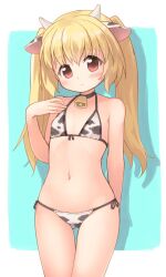 Rule 34 | 1girl, animal ears, animal print, bell, bikini, black choker, blonde hair, blue background, blush, choker, closed mouth, commentary request, cow ears, cow girl, cow horns, cow print, cowbell, emurin, expressionless, feet out of frame, flat chest, highres, horns, looking at viewer, neck bell, original, print bikini, red eyes, shadow, short hair, solo, swimsuit, twintails