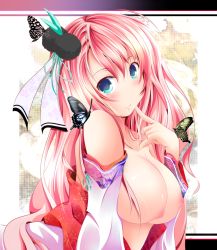 Rule 34 | 1girl, :3, bad id, bad pixiv id, bare shoulders, blue eyes, blush, breasts, bug, butterfly, detached sleeves, finger to mouth, hair ornament, head tilt, bug, jimo, large breasts, leaning forward, long hair, looking at viewer, nipples, no nose, original, pink hair, solo, teasing