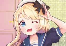 Rule 34 | 1girl, ;3, arm up, beret, blonde hair, blue eyes, blue sailor collar, blush, bow, collarbone, commentary request, dress, hair between eyes, hat, hat bow, himesaka noa, indoors, jervis (kancolle), kantai collection, long hair, looking at viewer, one eye closed, open mouth, sailor collar, sailor dress, sailor hat, salute, short sleeves, sira (user dswn7488), smile, solo, upper body, white hat