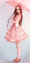 Rule 34 | 1girl, absurdres, arms up, bow, breasts, brown hair, closed mouth, commentary, commission, dress, floral print, from side, full body, high heels, highres, holding, holding umbrella, layered dress, long hair, looking at viewer, mary janes, matilda fiship, medium breasts, original, pantyhose, parasol, pink bow, pink dress, pink footwear, pink pantyhose, pink umbrella, shoes, smile, solo, umbrella