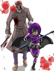Rule 34 | 1boy, 1girl, blood, boots, cape, crossover, dc comics, gloves, hat, hit-girl, kick-ass, looking at viewer, mask, miniskirt, open mouth, purple hair, raincoat, rorschach, running, simple background, size difference, skirt, watchmen, weapon, white background, wig
