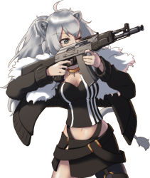 Rule 34 | 1girl, adidas, ahoge, aiming, ak-105, animal ears, artist name, assault rifle, breasts, building, cleavage, commentary, crane (machine), crossover, english commentary, escape from tarkov, fur-trimmed jacket, fur trim, grey eyes, gun, highres, holding, holding gun, holding weapon, hololive, jacket, jewelry, large breasts, lion ears, lion girl, lion tail, long hair, magazine (weapon), navel, necklace, one eye closed, parody, rifle, see-through, see-through cleavage, shirt, shishiro botan, shishiro botan (1st costume), silver hair, skyscraper, solo, ssgt-lulz, tail, virtual youtuber, weapon, white background