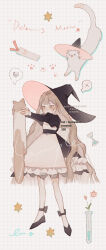 Rule 34 | 1girl, animal, annoyed, apron, black dress, black footwear, black hat, black sleeves, blonde hair, blunt bangs, blunt ends, bow legwear, brown eyes, cat, closed mouth, commentary request, dress, ferret, flower, frilled apron, frilled dress, frills, frown, full body, grid background, hat, high heels, highres, holding, holding animal, holding cat, hourglass, juliet sleeves, lace, lace-trimmed dress, lace trim, long hair, long sleeves, looking at another, neirutowero6, original, pantyhose, paw print, pink flower, pink hat, puffy sleeves, pumps, short dress, simple background, solo, spoken squiggle, spoken x, squiggle, two-sided fabric, two-sided headwear, v-shaped eyebrows, very long hair, vial, wavy hair, white apron, white background, white pantyhose, wide brim, witch hat