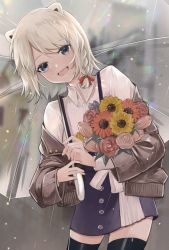 Rule 34 | 1girl, alternate costume, animal ears, bear ears, black thighhighs, bouquet, braid, brown jacket, buttons, city, elbow carry, fang, flower, gerbera, hair ribbon, highres, holding, holding bouquet, indie virtual youtuber, jacket, kumagai chisato, leaning forward, looking at viewer, naganami towa, off shoulder, open mouth, outdoors, rain, red ribbon, ribbon, rose, shirt, short hair, single braid, skin fang, smile, solo, thighhighs, transparent, transparent umbrella, umbrella, virtual youtuber, white hair, white shirt, zettai ryouiki