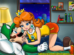 Rule 34 | 1boy, 1girl, bare shoulders, bed, blue eyes, blush, book, breasts, brown hair, crown, earrings, facial hair, flower earrings, gem, girl on top, gloves, grin, jewelry, lamp, luigi, lying, lying on person, mario (series), mustache, nervous, nintendo, pillow, princess daisy, shorts, smile, super mario bros. 1, super mario land, tomboy, window