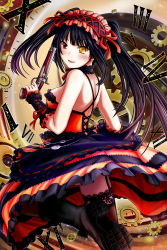 Rule 34 | 1girl, black hair, black thighhighs, blush, boots, breasts, clock, clock eyes, clothing cutout, commentary request, cross-laced clothes, cross-laced cutout, date a live, garter straps, gears, gothic lolita, gun, hairband, handgun, heterochromia, highres, lolita fashion, lolita hairband, medium breasts, naughty face, open mouth, pistol, red eyes, roman numeral, smile, solo, symbol-shaped pupils, thighhighs, tokisaki kurumi, twintails, weapon, yellow eyes, zen mine