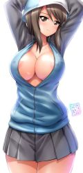 Rule 34 | 1girl, areola slip, arms up, blue hat, blush, breasts, brown eyes, brown hair, cleavage, collarbone, covered erect nipples, cowboy shot, dated, girls und panzer, grey skirt, hair between eyes, hat, jacket, kamogawa tanuki, keizoku military uniform, large breasts, long hair, long sleeves, looking at viewer, mika (girls und panzer), no bra, partially unzipped, pleated skirt, signature, simple background, skirt, smile, solo, track jacket, white background