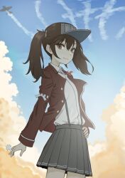 Rule 34 | 1girl, aircraft, airplane, between fingers, blue sky, brown eyes, brown hair, brown jacket, closed mouth, cloud, collared shirt, commentary request, contrail, day, dress shirt, grey hat, grey skirt, hair between eyes, hand on own hip, hat, highres, holding, jacket, jewelry, kantai collection, long sleeves, magatama, magatama necklace, necklace, nito (nshtntr), open clothes, open jacket, outdoors, pleated skirt, ryuujou (kancolle), shikigami, shirt, skirt, sky, smile, solo, suspender skirt, suspenders, twintails, visor cap, white shirt