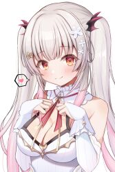 Rule 34 | 1girl, bare shoulders, breasts, bridal gauntlets, cleavage, closed mouth, commentary request, daysss, dress, elbow gloves, flower, gloves, gradient hair, grey hair, hair flower, hair ornament, hands on own chest, headgear, heart, highres, impossible clothes, impossible dress, indie virtual youtuber, long hair, looking at viewer, medium breasts, multicolored hair, neck ribbon, pink hair, ribbon, sidelocks, simple background, smile, solo, spoken heart, suou patra, twintails, upper body, virtual youtuber, white background, white dress, white gloves