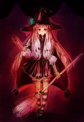 Rule 34 | 1girl, bad id, bad pixiv id, broom, hat, long hair, red eyes, ribbon, socks, solo, u (pixiv), usaki (ama), witch, witch hat