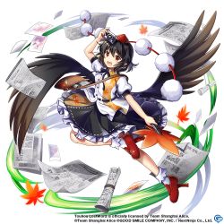 Rule 34 | 1girl, bag, bird wings, black hair, black ribbon, black skirt, black wings, bobby socks, brown bag, camera, collared shirt, copyright notice, feathered wings, frilled skirt, frills, full body, geta, hand fan, happy, hat, hauchiwa, holding, holding fan, leaf print, neck ribbon, newspaper, official art, open mouth, photo (object), pointy ears, puffy short sleeves, puffy sleeves, red eyes, red footwear, red hat, ribbon, rotte (1109), shameimaru aya, shirt, short hair, short sleeves, shoulder bag, skirt, socks, solo, tengu-geta, tokin hat, touhou, touhou lostword, transparent background, white shirt, white socks, wings