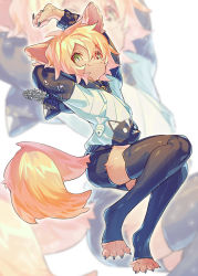 Rule 34 | 1boy, androgynous, black shorts, black thighhighs, blonde hair, claws, furry, furry male, green eyes, hair between eyes, looking at viewer, male focus, nkemoaka, original, short shorts, shorts, sitting, smile, solo, stretching, tail, thighhighs, toeless legwear, trap, twitter username, zoom layer