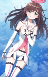 Rule 34 | 1girl, absurdres, aqua eyes, brown hair, commentary request, hairband, highres, kizuna ai, kizuna ai inc., long hair, looking at viewer, lying, multicolored hair, on back, pink hair, pink hairband, sailor collar, skirt, smile, solo, thighhighs, thighs, two-tone hair, virtual youtuber, water, white sailor collar, white skirt, white thighhighs, woogi