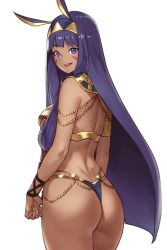 Rule 34 | 1girl, ass, blush, bracelet, dark skin, dark-skinned female, earrings, egyptian, egyptian clothes, facial mark, fate/grand order, fate (series), hairband, highres, hoop earrings, houtengeki, jewelry, long hair, looking at viewer, nitocris (fate), open mouth, purple eyes, purple hair, simple background, solo, very long hair, white background