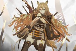 Rule 34 | 1girl, animal ears, arknights, belt, black coat, black dress, blonde hair, boots, brown footwear, brown thighhighs, ceobe (arknights), closed mouth, coat, cross-laced footwear, day, dog ears, dog tail, dress, floating hair, fox ears, fox tail, grey sky, koio, long hair, long sleeves, looking at viewer, material growth, multiple weapons, one eye closed, oripathy lesion (arknights), outdoors, red eyes, science fiction, short dress, sky, solo, staff, sword, tactical clothes, tail, thigh boots, thighhighs, thighs, weapon, weapon on back