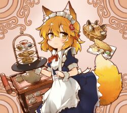 Rule 34 | 1girl, alternate costume, animal ear fluff, animal ears, apron, blue dress, blush, brown eyes, brown hair, cake, carrying, chips (food), commentary request, cup, dress, enmaided, fish, fish (food), fish and chips, food, fox ears, fox girl, fox tail, hair ornament, kareya, maid, maid headdress, pie, senko (sewayaki kitsune no senko-san), sewayaki kitsune no senko-san, short hair, solo, stargazy pie, tail, teacup, teapot, tray, white apron, wrist cuffs