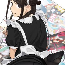 Rule 34 | 1girl, black hair, character request, copyright request, douki-chan (douki-chan), folded ponytail, from behind, ganbare douki-chan, highres, looking at viewer, looking back, maid, manga (object), pantyhose, pen, solo, updo, yomu (sgt epper)