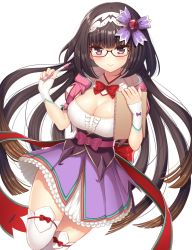 Rule 34 | 1girl, black hair, blush, breasts, brown hair, cleavage, fate/grand order, fate (series), glasses, gloves, gradient hair, hairband, hood, large breasts, long hair, looking at viewer, multicolored hair, nakamura hinato, osakabehime (fate), purple eyes, simple background, smile, solo, thighhighs, very long hair, white background, white thighhighs