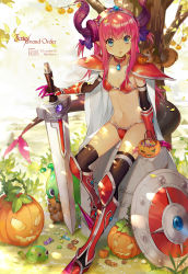 Rule 34 | 1girl, animal, animal on shoulder, arm support, armor, armored boots, bad id, bad pixiv id, bikini, bikini armor, black thighhighs, blue eyes, boots, breasts, broadsword, candy, candy wrapper, cape, character name, checkerboard cookie, choker, collarbone, commentary request, cookie, copyright name, curled horns, day, dragon horns, dragon tail, ekita kuro, elizabeth bathory (brave) (fate), elizabeth bathory (fate), falling leaves, fang, fate/grand order, fate (series), food, grass, hair ribbon, halloween, halloween bucket, highres, holding, holding food, holding sword, holding weapon, horns, jack-o&#039;-lantern, knee boots, leaf, lollipop, long hair, looking to the side, navel, outdoors, oversized clothes, parted lips, pauldrons, pink hair, pointy ears, pumpkin, purple ribbon, red bikini, red choker, red footwear, ribbon, shield, shoes, shoulder armor, sidelocks, sitting, slime (creature), small breasts, solo, spiked shoes, spikes, squirrel, string bikini, swimsuit, sword, tail, thighhighs, tiara, tombstone, tree, two side up, v-shaped eyebrows, vambraces, weapon, white cape