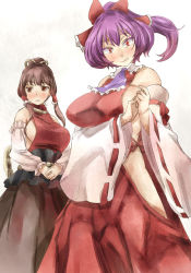 Rule 34 | 2girls, adapted costume, alternate hairstyle, arm ribbon, ascot, bare shoulders, blush, breasts, brown eyes, brown hair, brown skirt, colored eyelashes, cosplay, costume switch, detached sleeves, fang, fang out, female focus, hair between eyes, hair bun, hair ribbon, hair tubes, hairstyle switch, hakurei reimu, hakurei reimu (cosplay), halterneck, hip focus, hip vent, large breasts, long hair, long skirt, looking at viewer, looking to the side, multiple girls, no bra, no panties, nontraditional miko, own hands together, ponytail, purple hair, red eyes, red shirt, revealing clothes, ribbon, ribbon-trimmed sleeves, ribbon trim, sendai hakurei no miko, shirt, short hair, sideboob, sidelocks, single hair bun, skirt, smile, touhou, wide sleeves, wind, yasaka kanako, yasaka kanako (cosplay), yohane