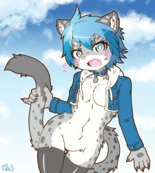 Rule 34 | 1girl, acky05 wolf, blue eyes, blue hair, furry, furry female, highres, open mouth, short hair, snow leopard, solo, thighhighs