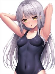 Rule 34 | 1girl, armpits, arms up, bang dream!, blue one-piece swimsuit, blush, breasts, covered erect nipples, covered navel, impossible clothes, lambda (kusowarota), long hair, minato yukina, one-piece swimsuit, open mouth, school swimsuit, shiny clothes, shiny skin, silver hair, simple background, skin tight, small breasts, solo, standing, swimsuit, white background, yellow eyes