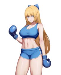 Rule 34 | 1girl, absurdres, bare arms, bare shoulders, blonde hair, blue eyes, blue shorts, blue sports bra, bow, boxing gloves, breasts, cero (last2stage), cleavage, closed mouth, commission, crop top, dolphin shorts, hair bow, hand up, highres, large breasts, long hair, looking at viewer, midriff, navel, original, short shorts, shorts, simple background, sleeveless, solo, sports bra, standing, stomach, thighs, very long hair, white background