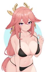 Rule 34 | 1girl, absurdres, animal ears, bare arms, bare shoulders, bikini, black bikini, breasts, collarbone, commentary, cowboy shot, fox ears, genshin impact, highres, large breasts, long hair, looking at viewer, low-tied long hair, moursho, navel, pink hair, purple eyes, sidelocks, simple background, smile, solo, standing, stomach, swimsuit, very long hair, white background, yae miko