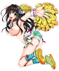 Rule 34 | 1girl, :d, arched back, armpits, arms up, ass, black hair, blue eyes, blush, bracelet, breasts, cheerleader, flower, foreshortening, full body, green footwear, green skirt, hair flower, hair ornament, jewelry, kojima saya, large breasts, long hair, looking at viewer, microskirt, nipples, no bra, open mouth, original, panties, pom pom (cheerleading), shoes, simple background, skirt, smile, socks, solo, striped clothes, striped legwear, striped panties, striped socks, topless, underwear, white background, wristband