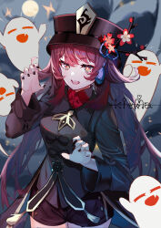 Rule 34 | 1girl, black coat, black hat, black nails, black shorts, boo tao (genshin impact), bright pupils, brown hair, coat, commentary request, flower, flower-shaped pupils, genshin impact, ghost, hat, hat flower, hat tassel, highres, hu tao (genshin impact), kiema, long hair, long sleeves, looking at viewer, open mouth, orange eyes, shorts, signature, solo, symbol-shaped pupils, twintails, upper body, white pupils