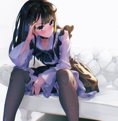 Rule 34 | 1girl, absurdres, black dress, black hair, black thighhighs, blush, choker, closed mouth, couch, dress, feet out of frame, hand on own head, highres, leaning forward, lips, long hair, long sleeves, looking at viewer, original, otokoe, pinafore dress, purple eyes, sailor collar, shirt, sitting, sleeveless dress, solo, thighhighs, white shirt