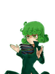 Rule 34 | 1girl, breasts, cellphone, closed mouth, covered navel, dress, expressionless, floating, green dress, green eyes, green hair, jitome, levitation, long sleeves, one-punch man, phone, short hair, simple background, skin tight, small breasts, smartphone, solo, tatsumaki, tawawa challenge, telekinesis, the golden smurf, upper body, wavy hair, white background
