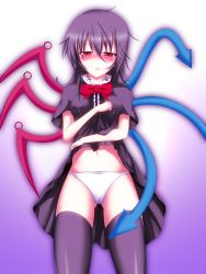 Rule 34 | 1girl, bad id, bad pixiv id, black hair, black thighhighs, blush, bow, clothes lift, dress, dress lift, female focus, gradient background, highres, houjuu nue, navel, panties, red eyes, short hair, solo, suterii, thighhighs, touhou, underwear, white panties, wings