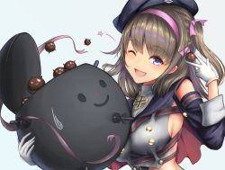 Rule 34 | 1girl, ;d, absurdres, azur lane, bare shoulders, beret, black sleeves, blue background, blush, bomb, breasts, brown hair, chocolate, commentary request, crop top, cross, detached sleeves, em (naval mine), explosive, eyebrows hidden by hair, food, gloves, grey shirt, hair ribbon, hairband, hat, highres, holding, holding food, iron cross, kanbashi, long hair, looking at viewer, medium breasts, mine (weapon), naval mine, one eye closed, open mouth, pink hairband, pink ribbon, purple eyes, ribbon, shirt, sideboob, sidelocks, simple background, sleeveless, sleeveless shirt, smile, solo, star (symbol), two side up, upper body, v, white gloves, z35 (azur lane)