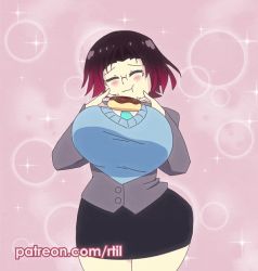 Rule 34 | 1girl, animal ear fluff, animated, animated gif, artist name, black hair, blush, bouncing breasts, breasts, curvy, dancing, doughnut, dragon girl, eating, elma (maidragon), food, glasses, gradient hair, huge breasts, kobayashi-san chi no maidragon, multicolored hair, necktie, office lady, pencil skirt, purple hair, rtil, short hair, skirt, solo, sparkle, sweater, thick thighs, thighs, wide hips